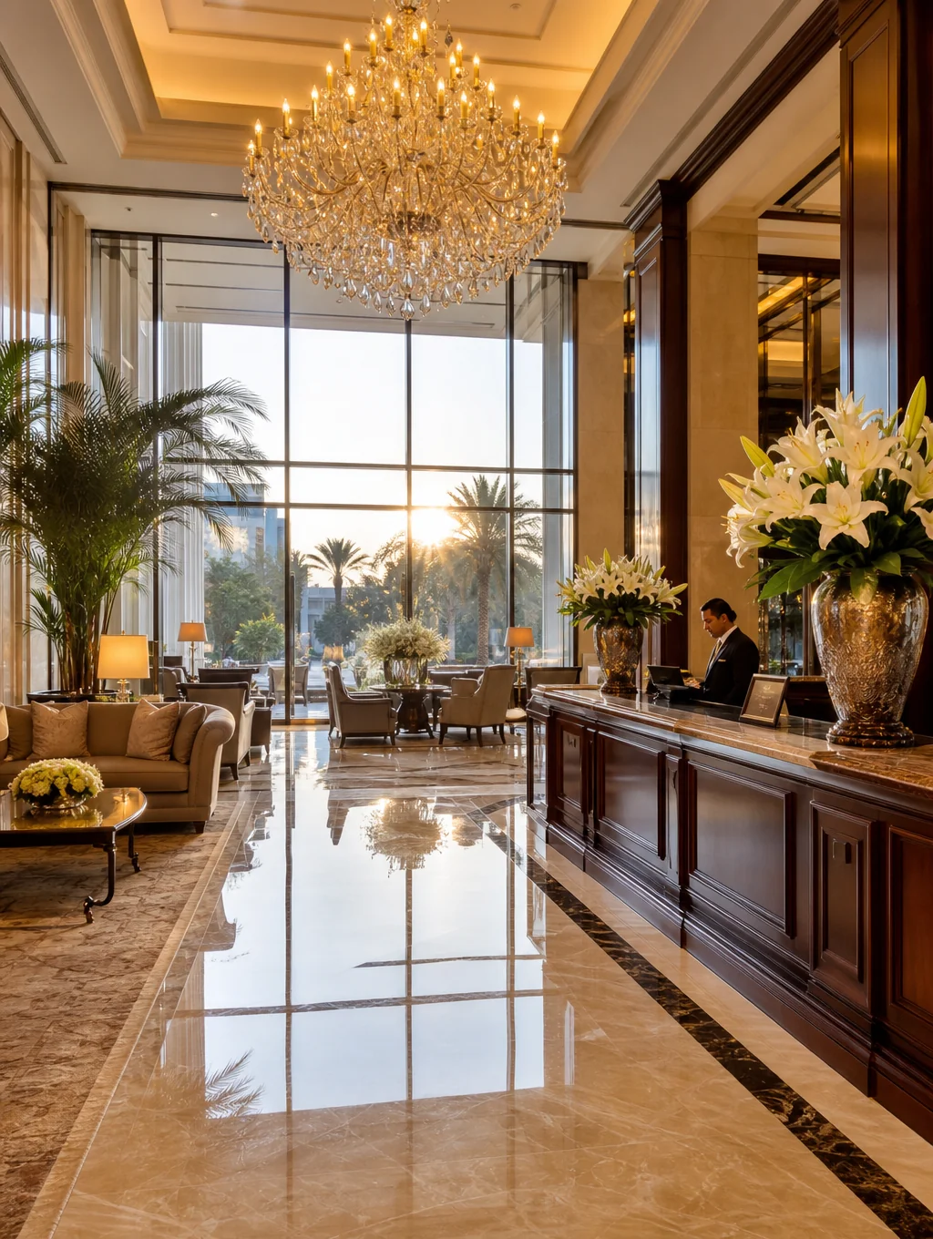 Elegant hotel lobby with warm lighting and minimalist architectural design